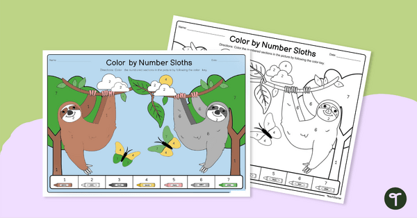 Go to Number Recognition Worksheets - Sloth Color-by-Number teaching resource