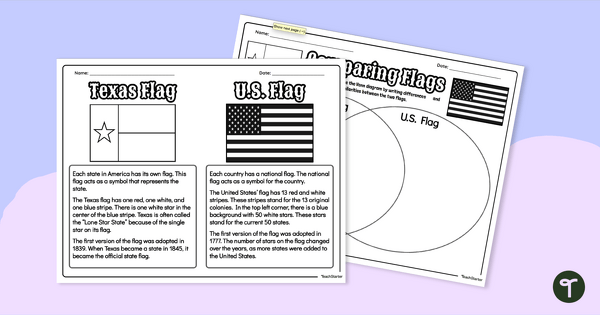 Compare and Contrast Worksheets - The Texas State Flag v. The American Flag teaching resource