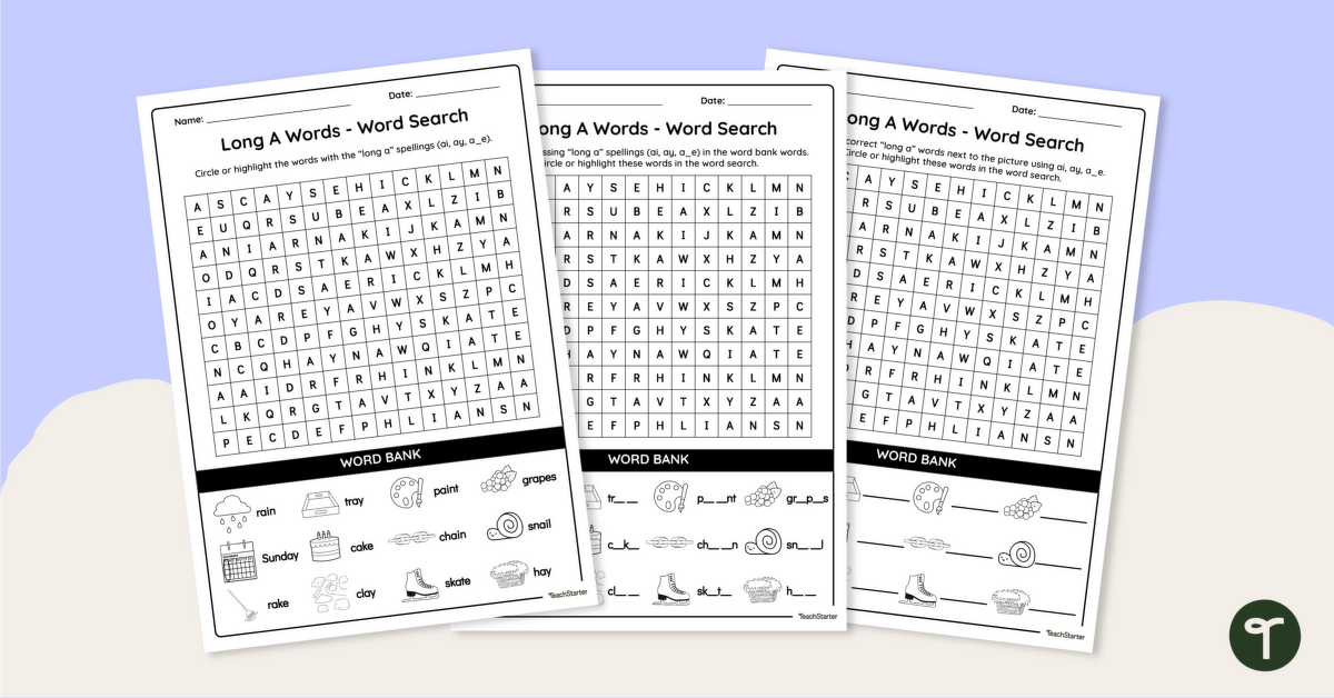 Long Vowel Words - Long A Word Search teaching resource