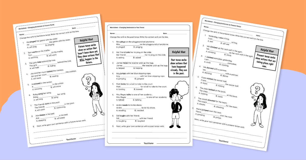 Writing Sentences in Past, Present and Future Tense Worksheets teaching resource