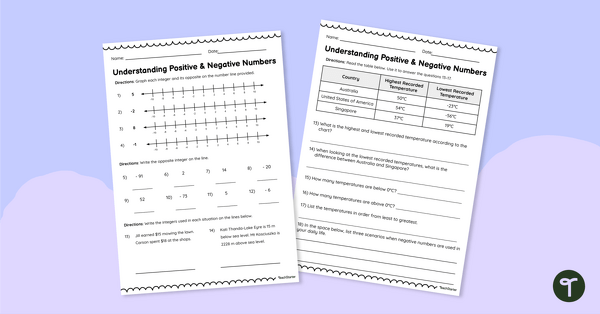 Understanding Positive and Negative Numbers – Worksheet teaching resource