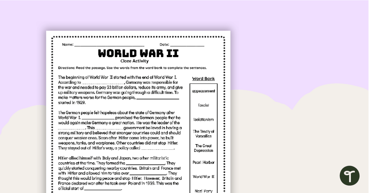 World War II Cloze Activity teaching resource