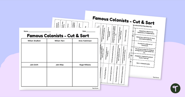 Famous Colonists Cut and Paste Worksheet teaching resource