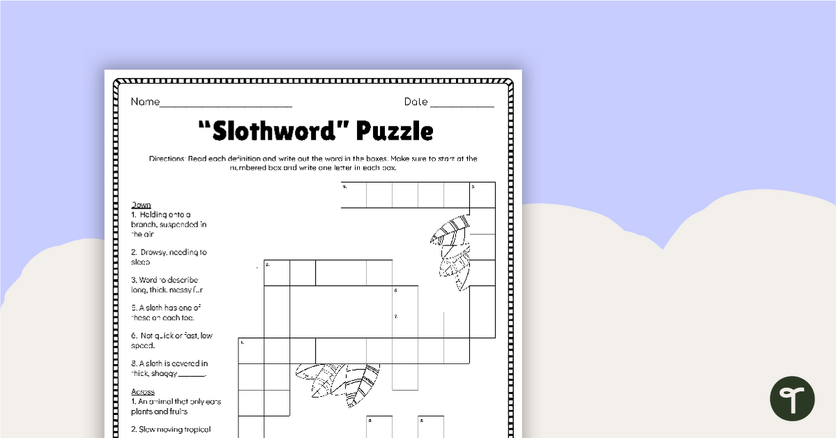 Sloth Crossword Puzzle Teach Starter