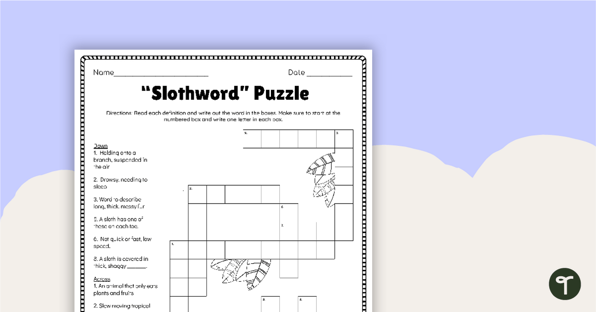 Sloth Crossword Puzzle teaching resource