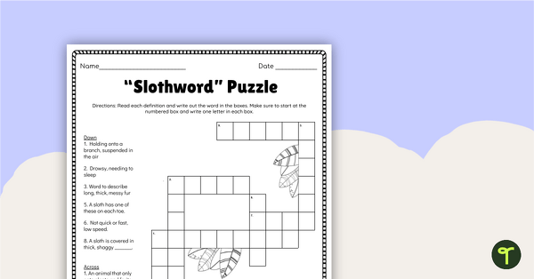 Sloth Crossword Puzzle teaching resource
