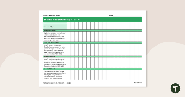 Science Year Four Assessment Trackers teaching resource