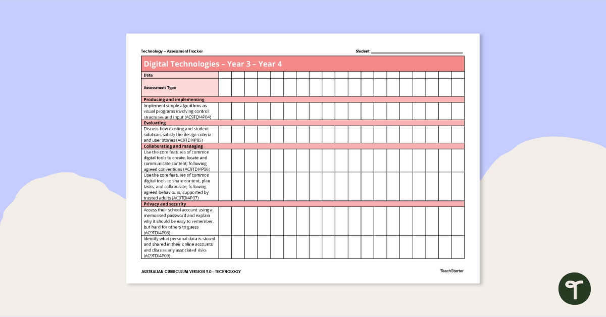 Technologies Years 3 and 4 Assessment Trackers teaching resource