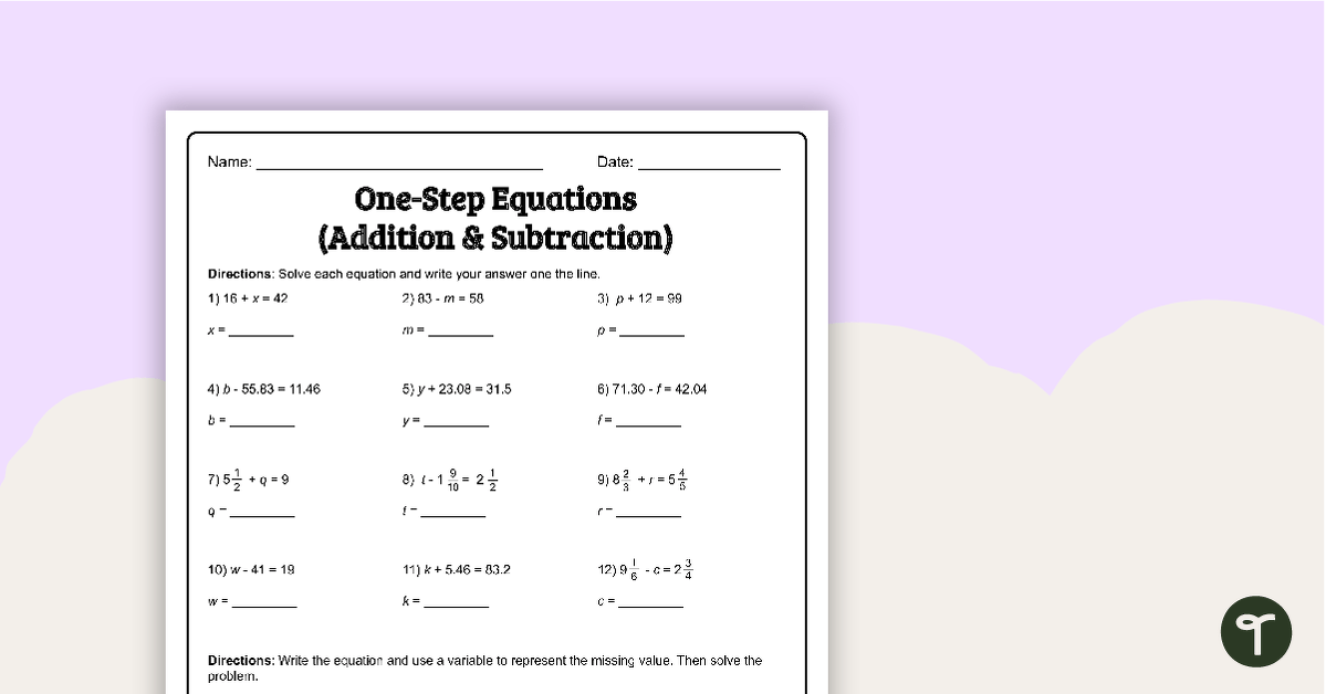 One-Step Equations (Addition and Subtraction) – Worksheet teaching resource