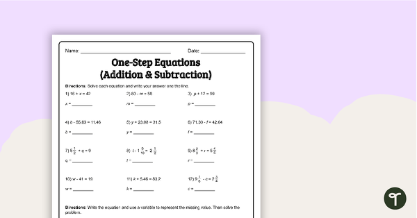 去一步方程(加法和减法)——工作表的教学资源