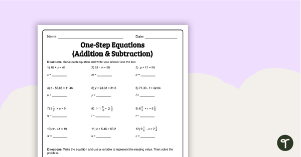 One-Step Equations (Addition and Subtraction) – Worksheet | Teach Starter