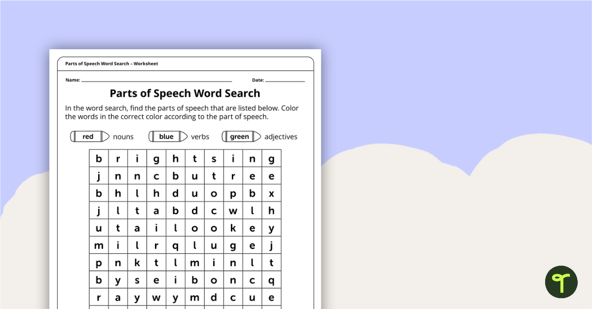 Parts of Speech Word Search – Nouns, Adjectives, and Verbs – Worksheet teaching resource
