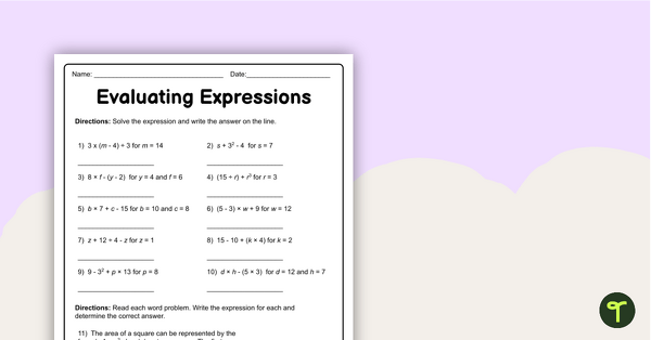 Go to Evaluating Expressions – Worksheet teaching resource