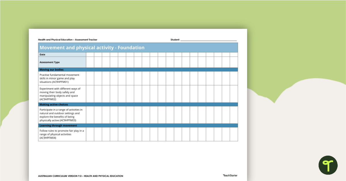 Health and Physical Education Foundation Assessment Trackers teaching resource