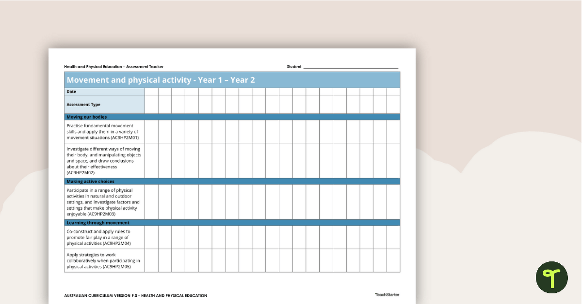 Health and Physical Education Years 1 and 2 Assessment Trackers teaching resource