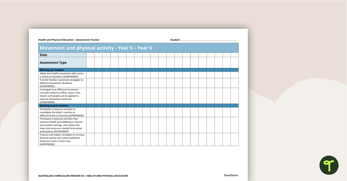 Health and Physical Education Years 5 and 6 Assessment Trackers teaching resource