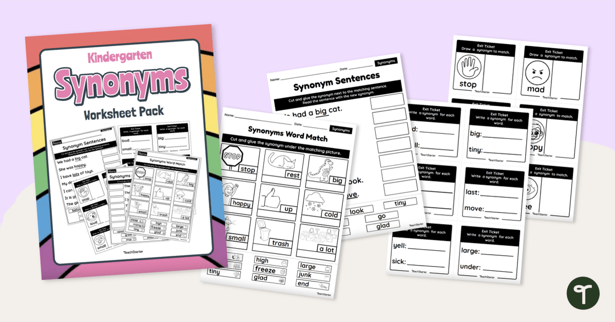 Kindergarten Synonyms Worksheets teaching resource