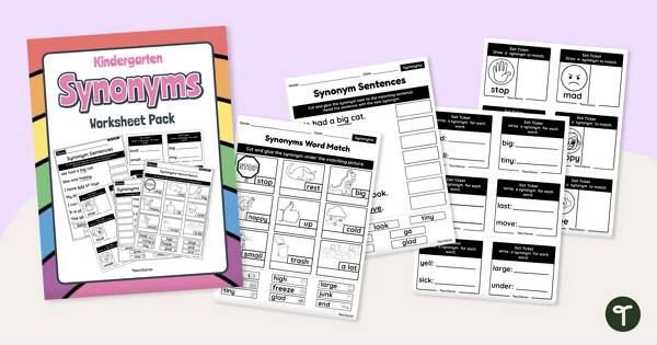 Go to Kindergarten Synonyms Worksheets teaching resource