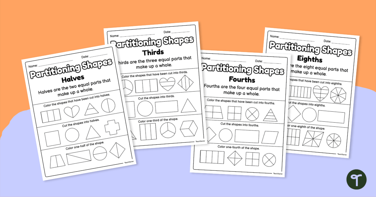 Partitioning Shapes – Basic Fraction Worksheets teaching resource
