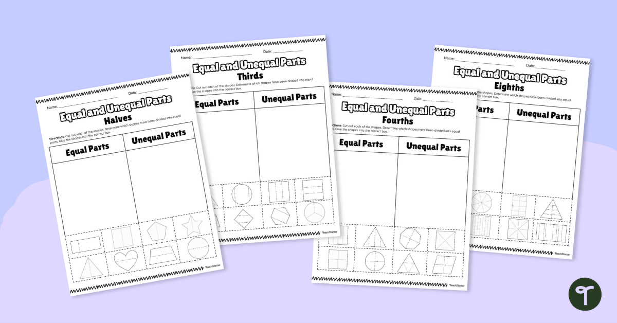 Equal and Unequal Parts – Basic Fraction Worksheets teaching resource
