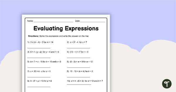 Go to Evaluating Expressions – Worksheet teaching resource