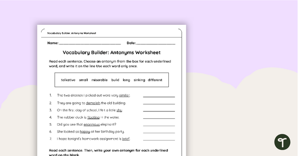Image of Vocabulary Builder: Antonyms Worksheet