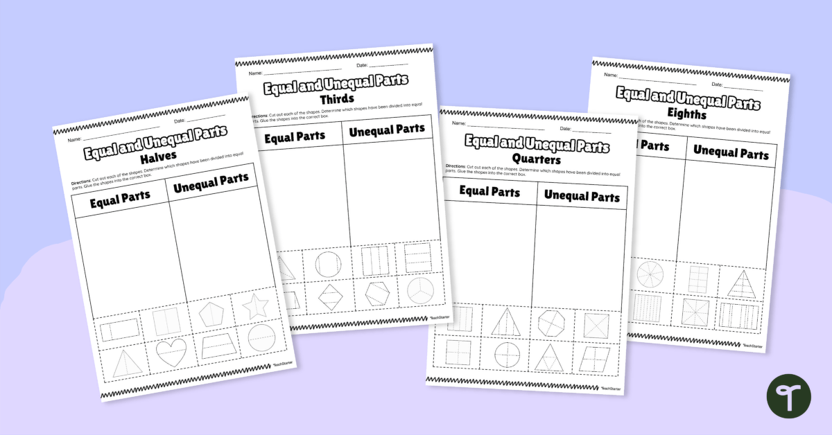 Equal and Unequal Parts – Basic Fraction Worksheets teaching resource