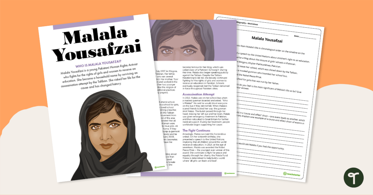 Malala Yousafzai Biography – Read and Respond Worksheet teaching resource