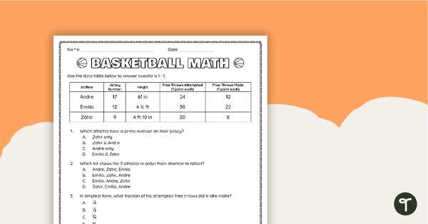 Image of Basketball Math- Mixed Operations Worksheet