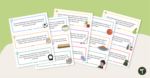 Go to Addition and Subtraction Word Problem Task Cards (Numbers 1-50) teaching resource