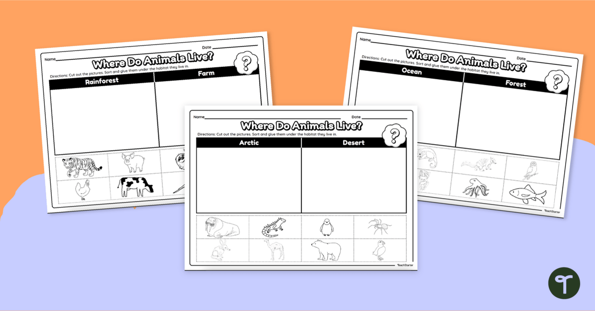 Animals and Their Habitats - Cut and Match Worksheets teaching resource