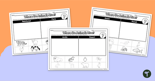 Image of Animals and Their Habitats - Cut and Match Worksheets