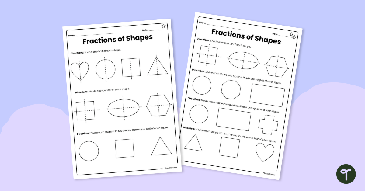 Fractions of Shapes – Differentiated Worksheets teaching resource