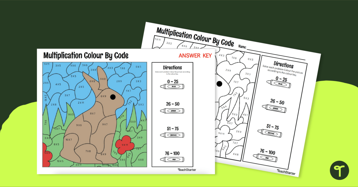 Colour by Number Worksheet - Multiplication Facts (Rabbit) teaching resource