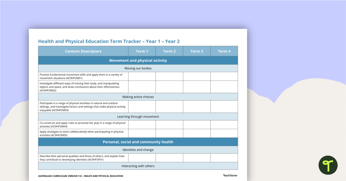 Health and Physical Education Term Tracker (Australian Curriculum) - Years 1 and 2 teaching resource
