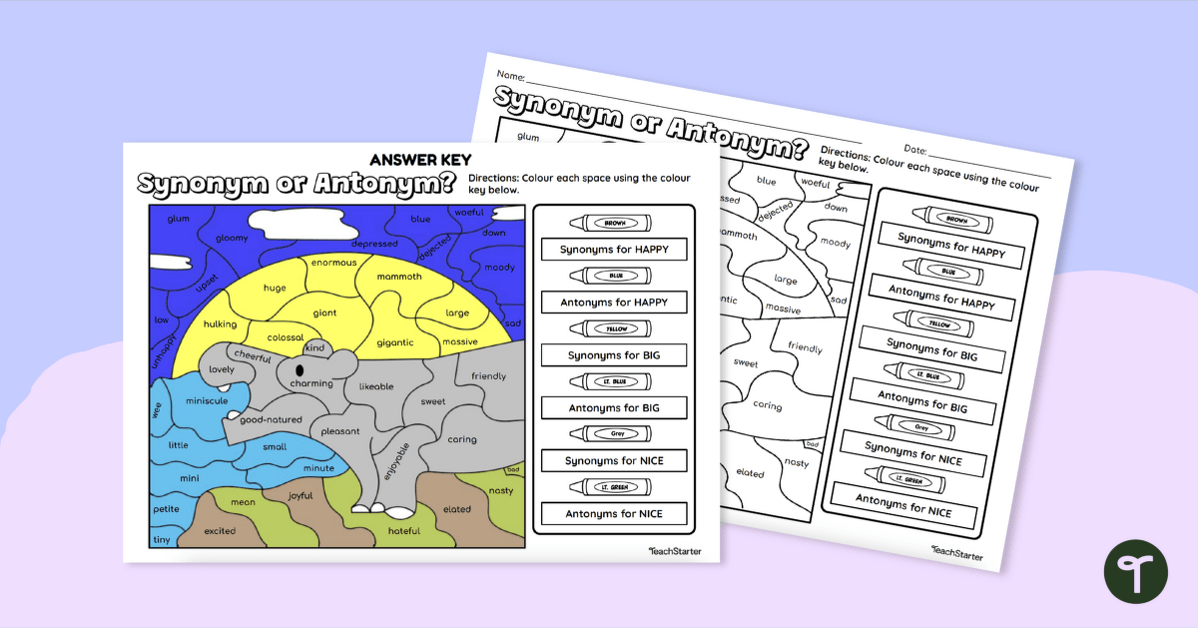 Colour By Code Worksheet - Synonyms and Antonyms teaching-resource