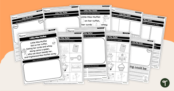 Go to Little Miss Muffet - Story Elements Worksheet Pack teaching resource