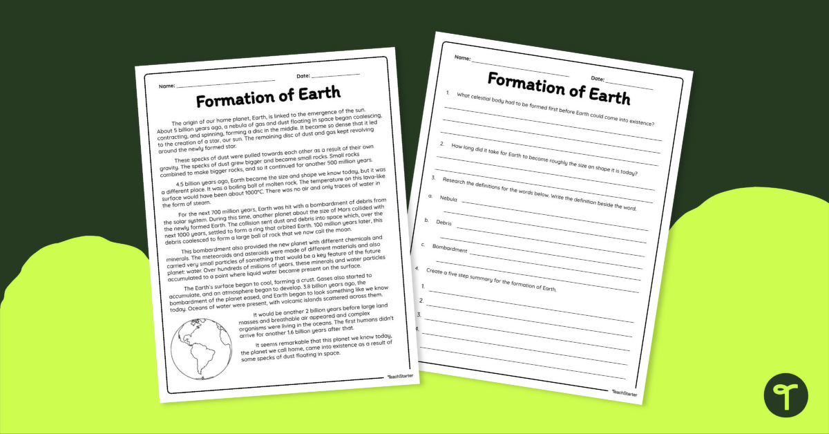 Formation of Earth - Reading Comprehension Worksheet teaching resource