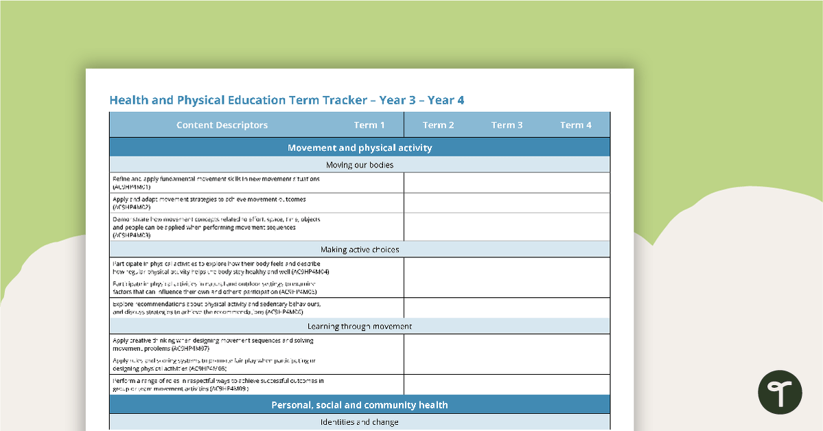 Health and Physical Education Term Tracker (Australian Curriculum) - Years 3 and 4 teaching resource