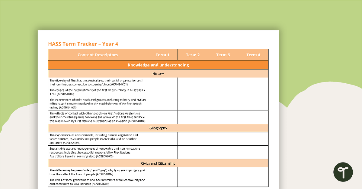 HASS Term Tracker (Australian Curriculum) - Year 4 teaching resource