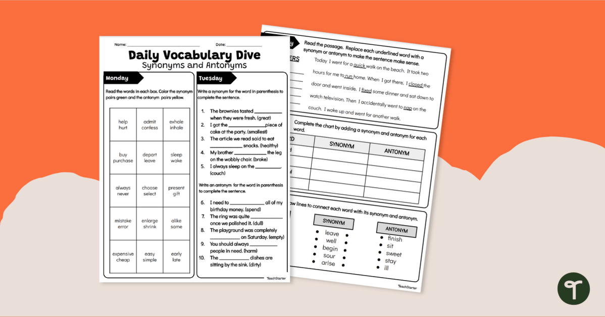 Daily Vocabulary Dive - Synonyms and Antonyms Worksheet teaching resource