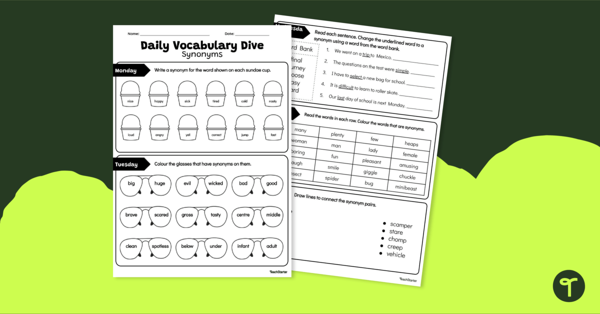 Daily Vocabulary Dive - Synonyms Worksheet teaching resource