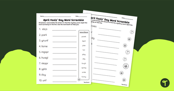 April Fools' Day Word Scramble Worksheet teaching resource