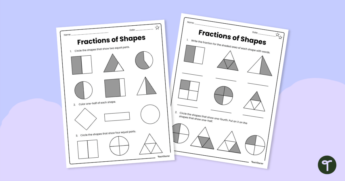 Fractions of Shapes – Differentiated Worksheets teaching resource
