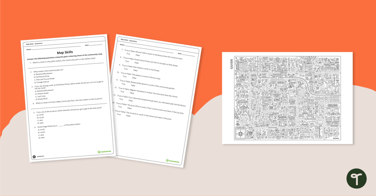 Community Giant Colouring Page and Map Skills Worksheet teaching resource