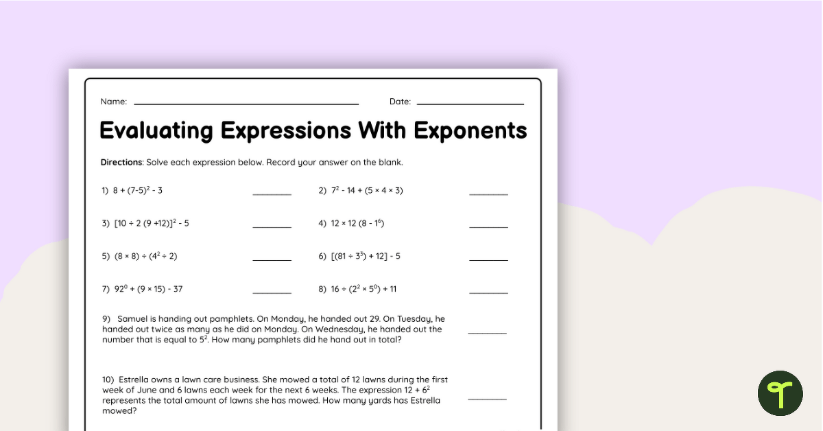 Evaluating Expressions With Exponents – Worksheet teaching resource
