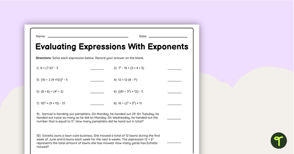 Go to Evaluating Expressions With Exponents – Worksheet teaching resource