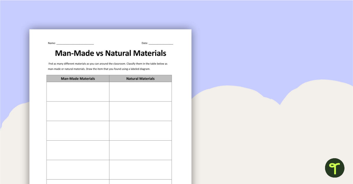 Man-Made vs Natural Materials Worksheet teaching resource