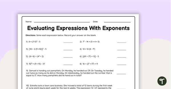 Go to Evaluating Expressions With Exponents – Worksheet teaching resource