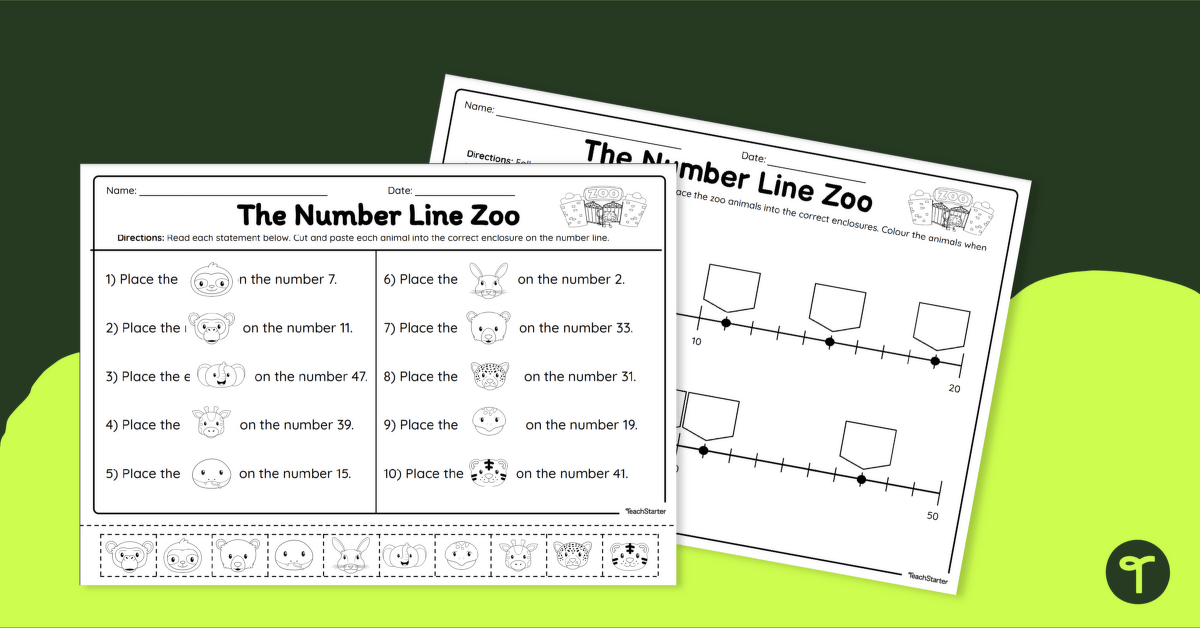 The Number Line Zoo - Cut and Paste Worksheet teaching resource